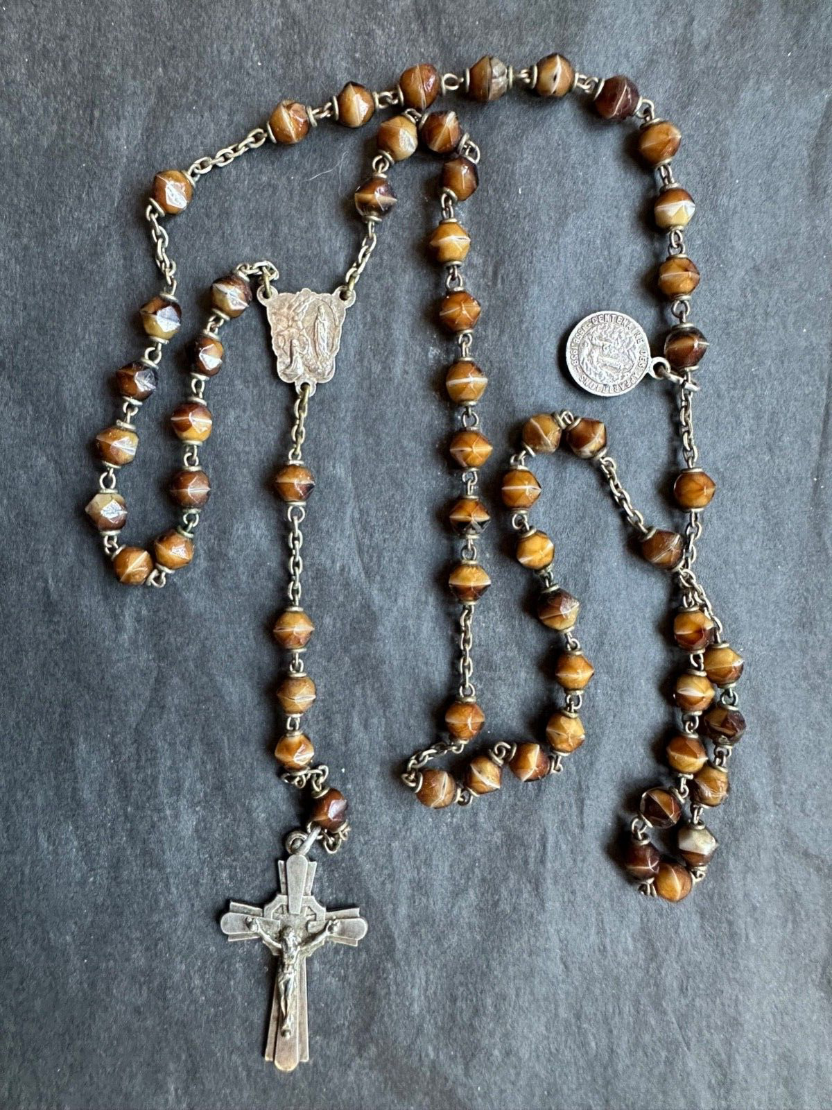 Superb French Antique Rosary -Tiger eye Beads,Sterling Silver Cross from Lourdes