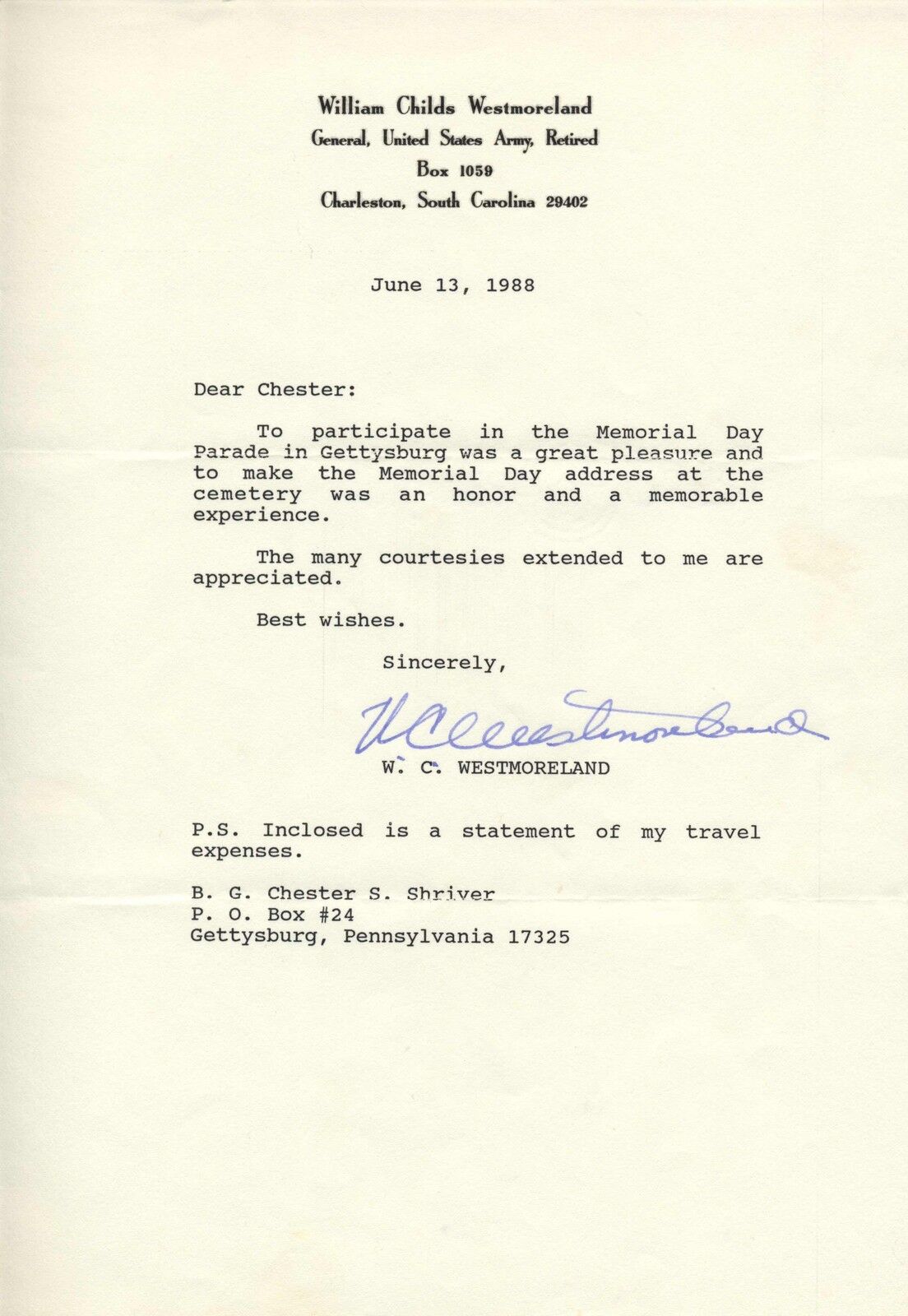 WILLIAM WESTMORELAND Typed Letter Signed Autographed WWII Vietnam
