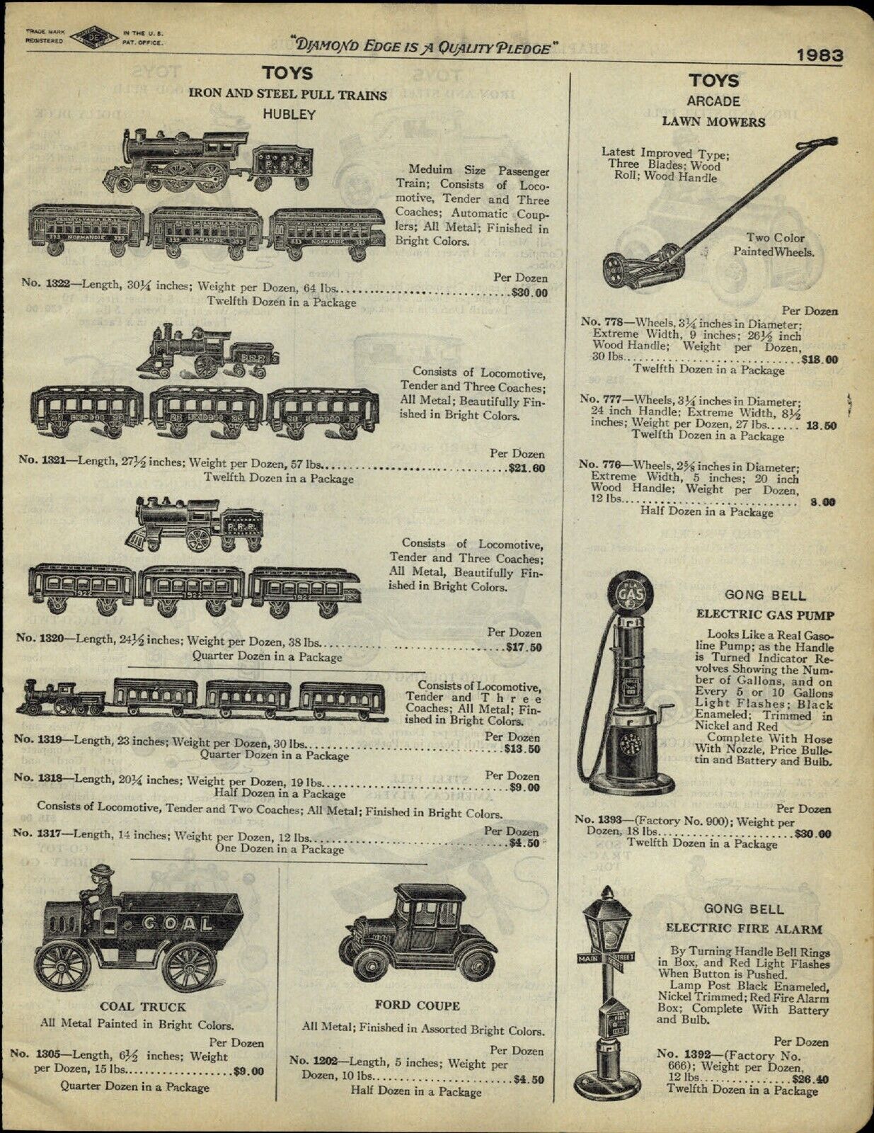 1929 PAPER AD Hubley Cast Iron Toy Pull Train Sets Coal Truck Ford Arcade Ford +