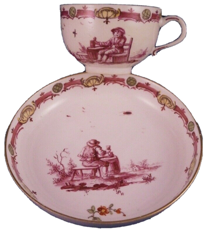 Antique 18thC Hoechst Porcelain Puce Scene Cup & Saucer Scenic Porzellan Tasse A