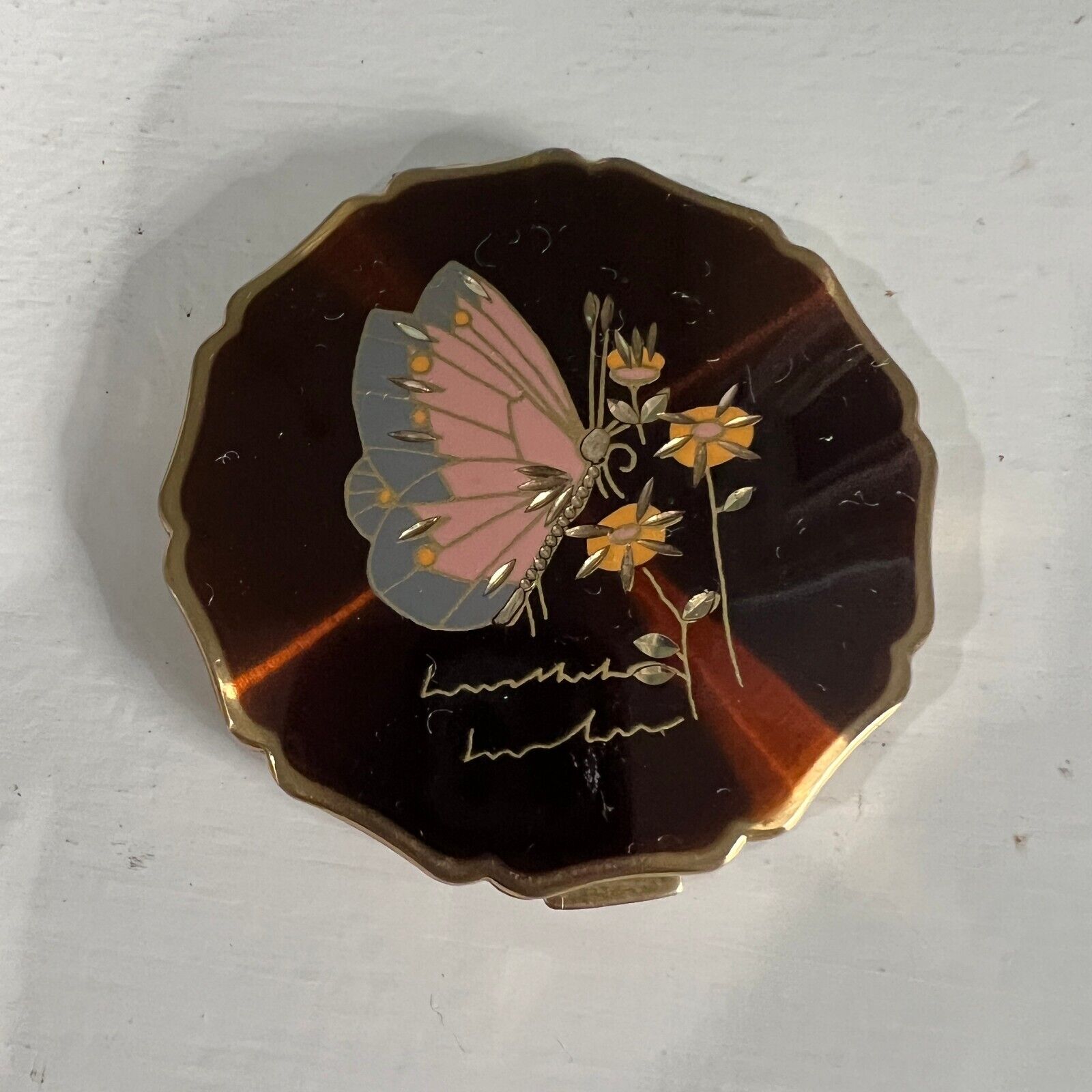 Vintage Stratton Compact Made in England Butterfly Themed Powder Hand Engraved