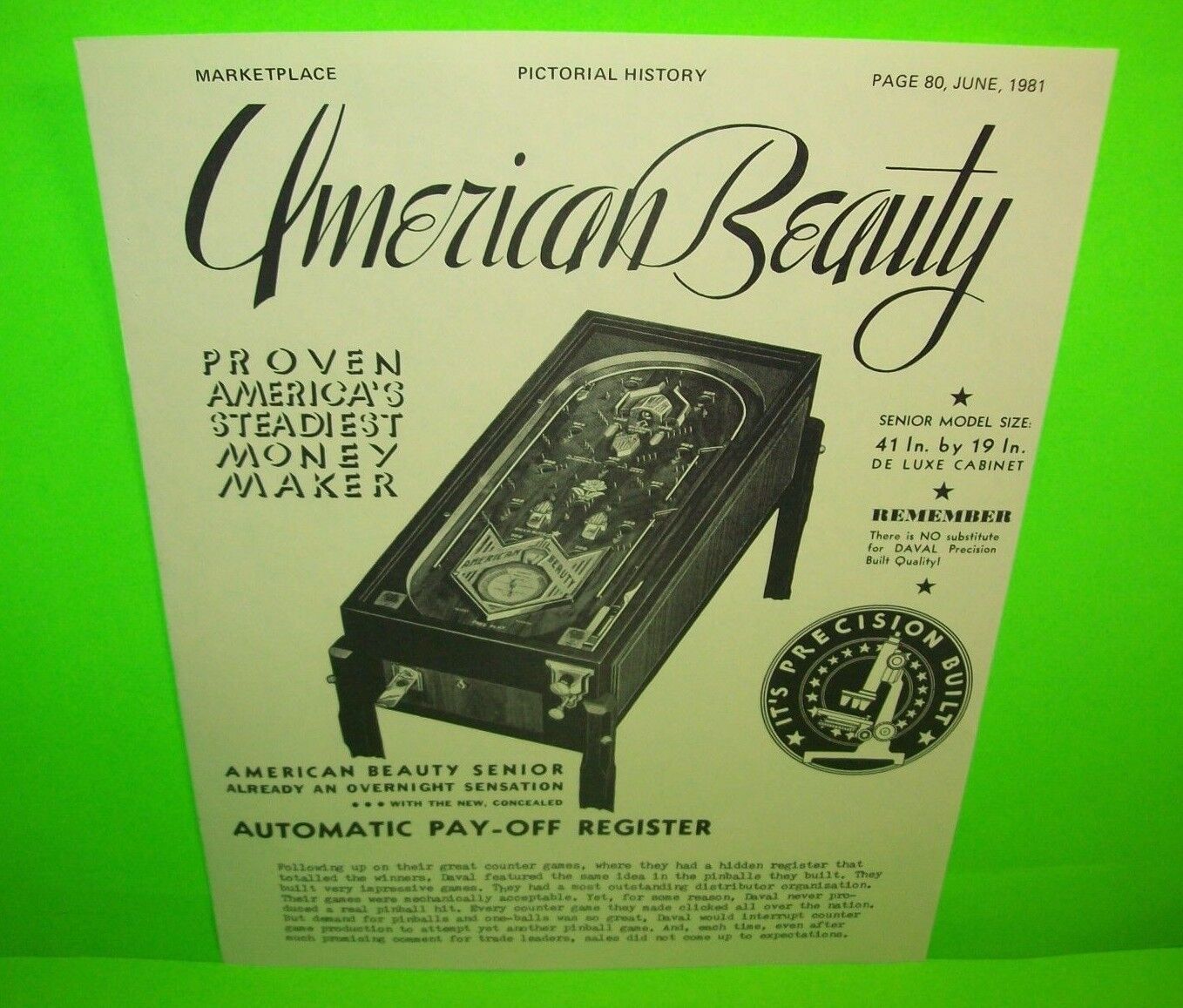 Pinball Machine AD American Beauty Daval Amusement Marketplace Magazine 1981