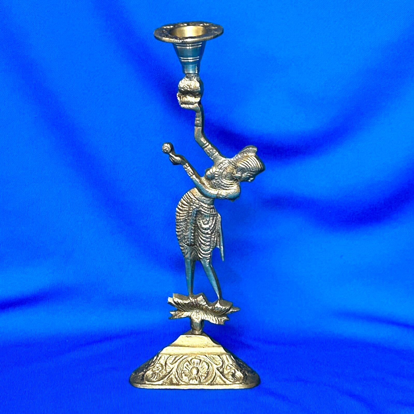 Vintage Brass Hindu Candle Holder 7-5/8” With Triangular Base