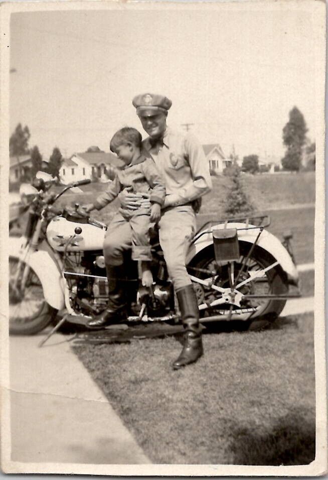 Policeman Motorcycle Cop Son Excelsior-Henderson Bike 1940s Vintage Photo