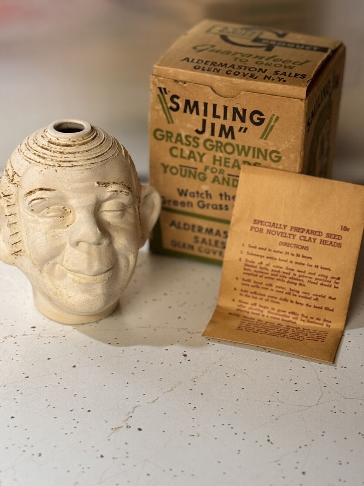 1950\'s 60s MCM Smiling Jim Growing Craft Chia Clay Head Planter W/ Box No Seeds