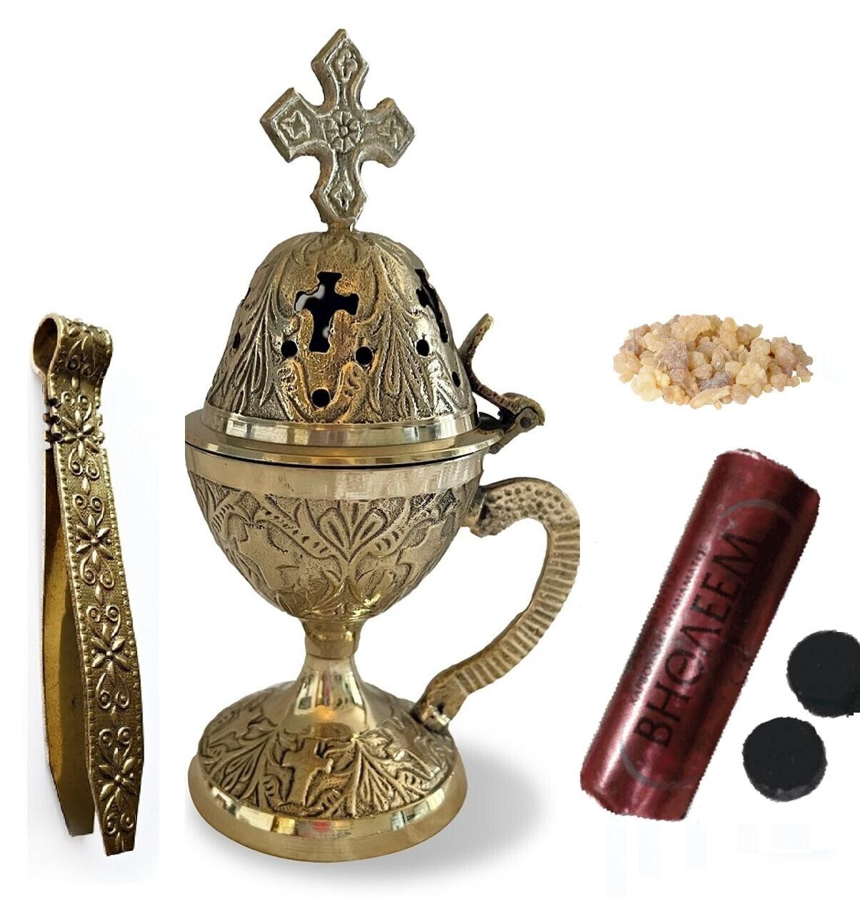 Incense Censer Set: Brass Censer, Tongs, Charcoal, and Frankincense Incense -NEW