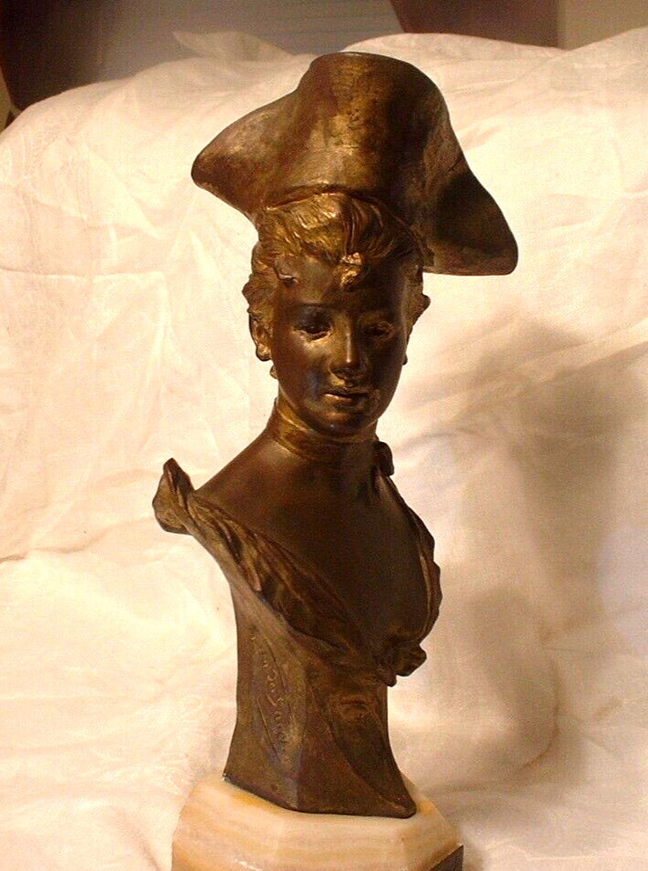 Antique George Van Der Straeten Bronze Bust of Colonial Lady on Marble Plinth