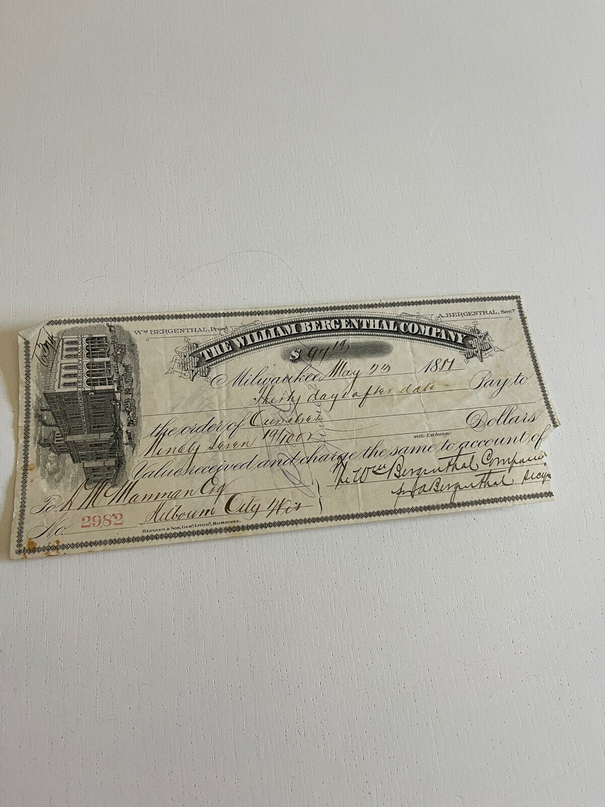 1880s Rare William Bergenthal Company Distillery Check Payment Ephemera