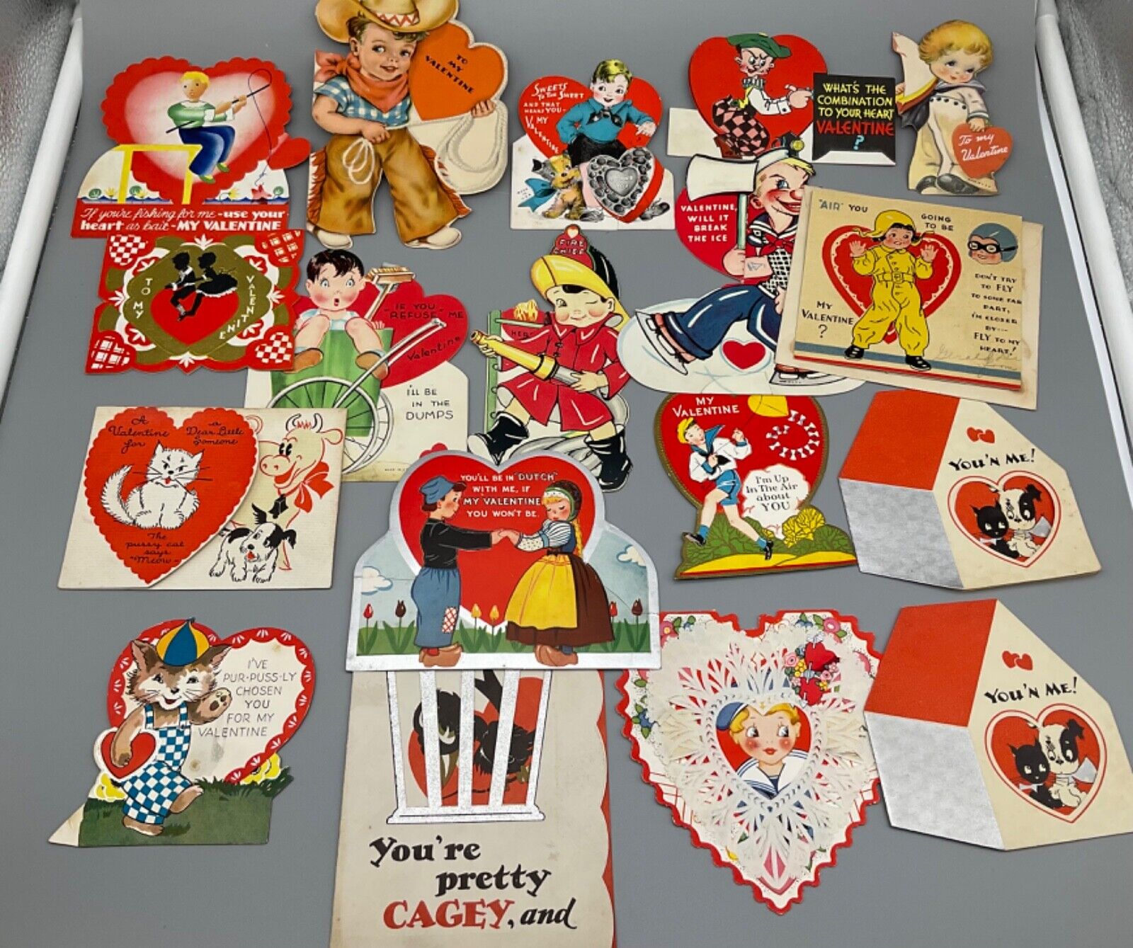 Antique Valentine card lot 18 children 1930s signed cowboy fireman pilot vintage