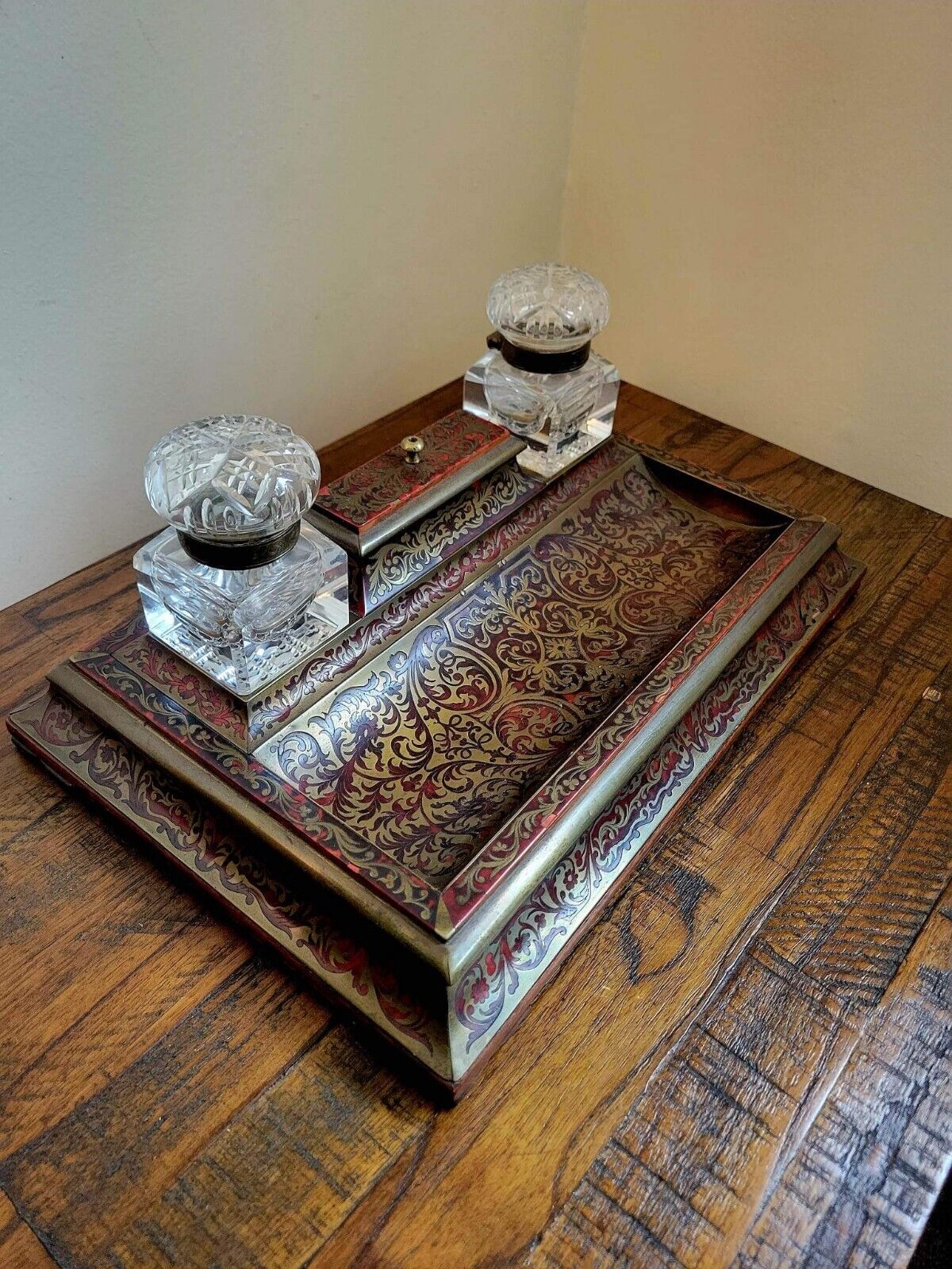 Antique 1800s French Boulle Ink Stand Double Glass Inkwell Super Nice Piece