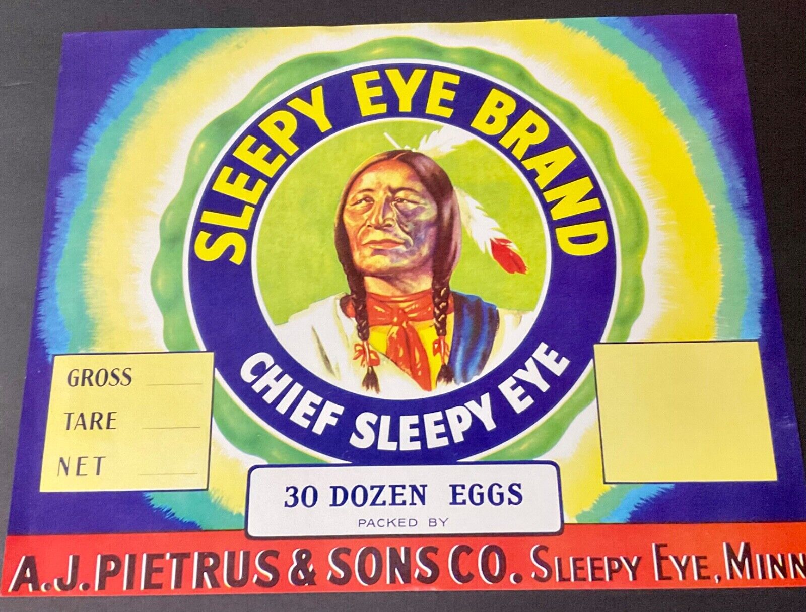 VTG ORIGINAL 1930S EGG CRATE LABEL CHIEF SLEEPY EYE NATIVE AMERICAN INDIAN Eggs