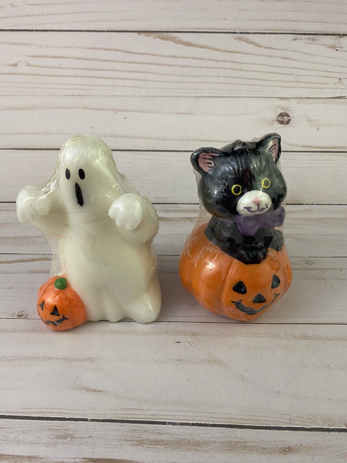 2x Vintage Halloween Black Cat & Ghost Candles Gibson Greetings 1994 Pumpkin A2