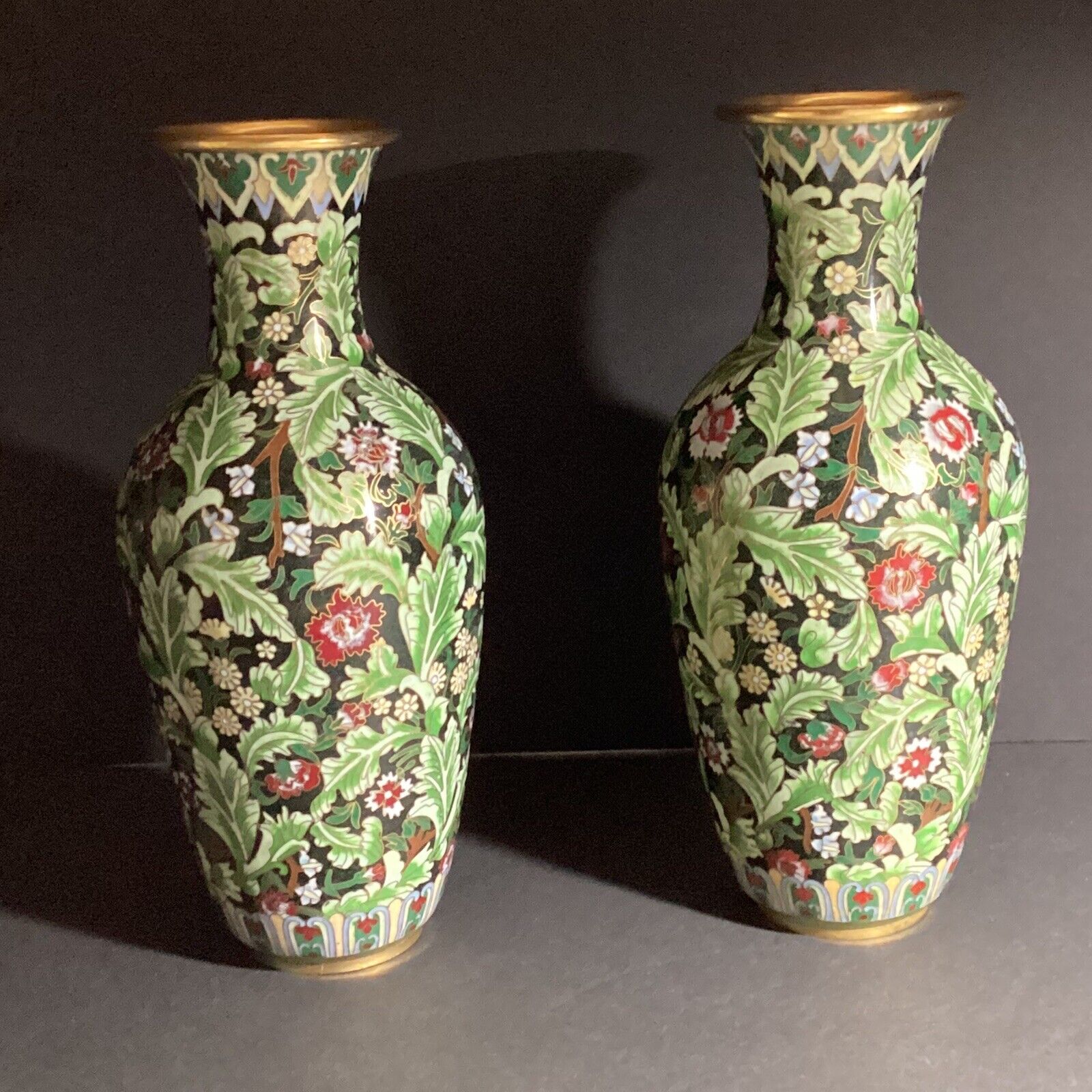 Pair scarce Chinese cloisonné traditional vintage inlaid enamel Vases 10.25”H