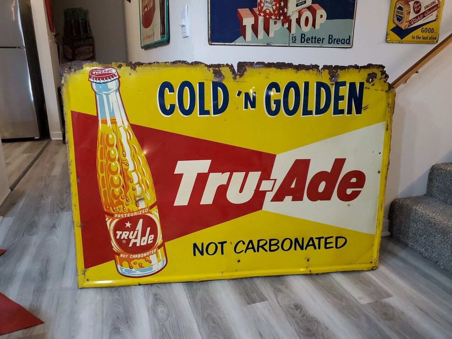 c.1960 Original Vintage Tru-Ade Orange Soda Sign Metal HUGE Cold N Golden RARE