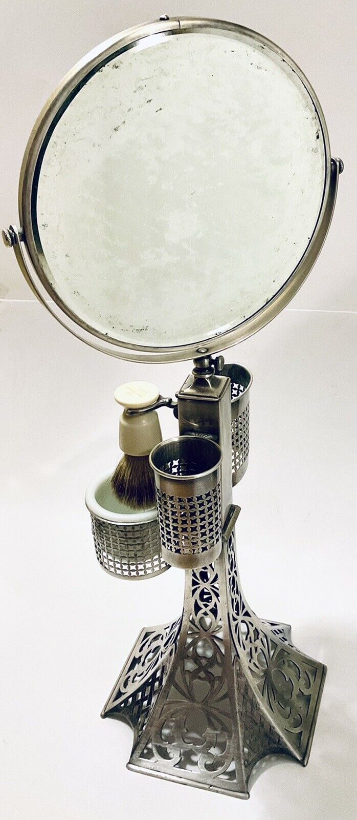 Antique Silver Shave Mirror With Shaving Brush Adjustable Mirror