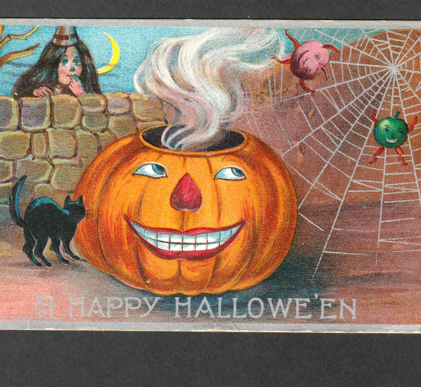 SCARCE - 1910 A Happy Halloween Witch APM 303 Goblin JOL Pumpkin Spider PostCard