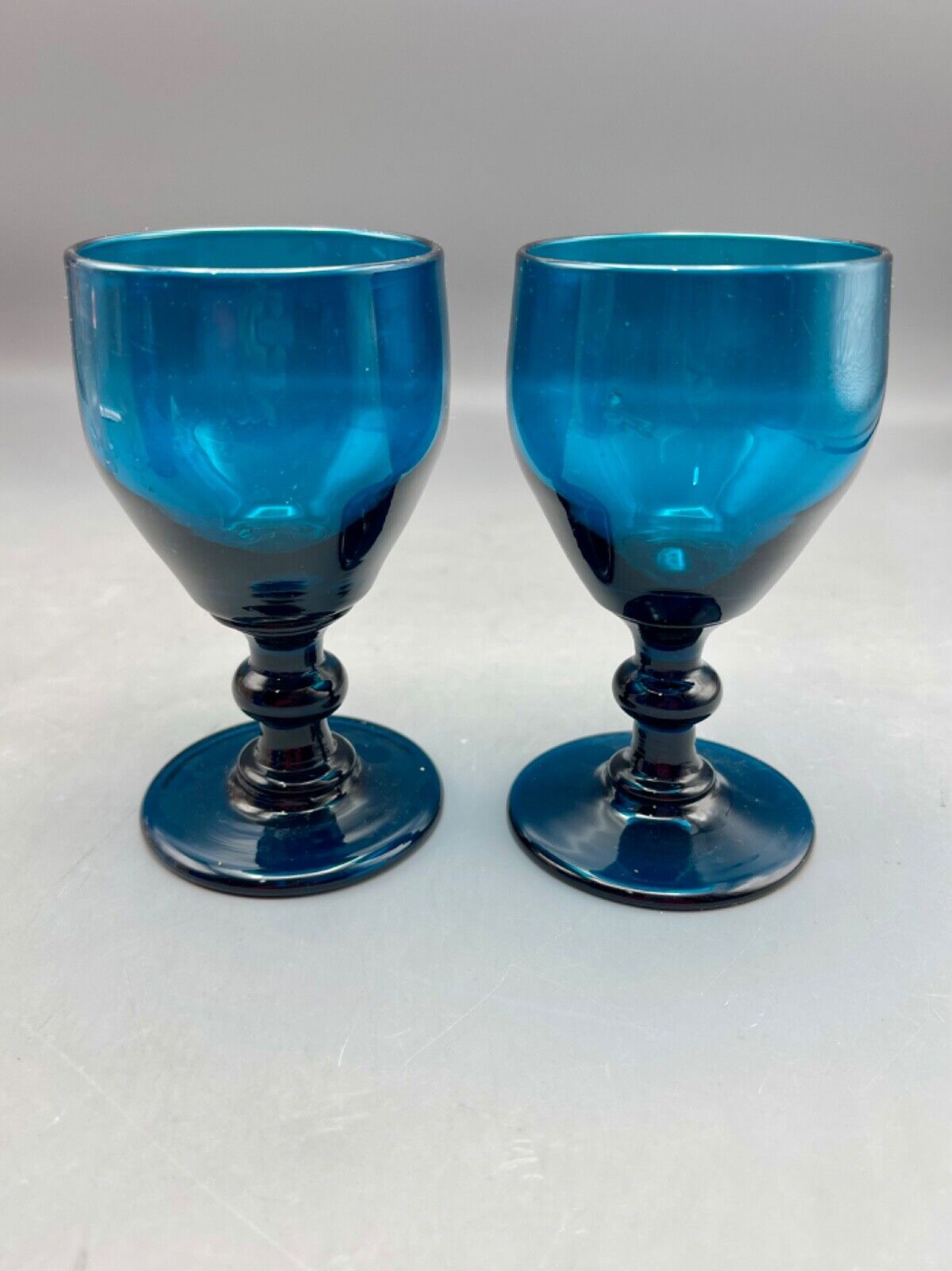 Antique English Peacock Blue Flint Glass Wine Glasses Hand Blown Early 19th Cen.