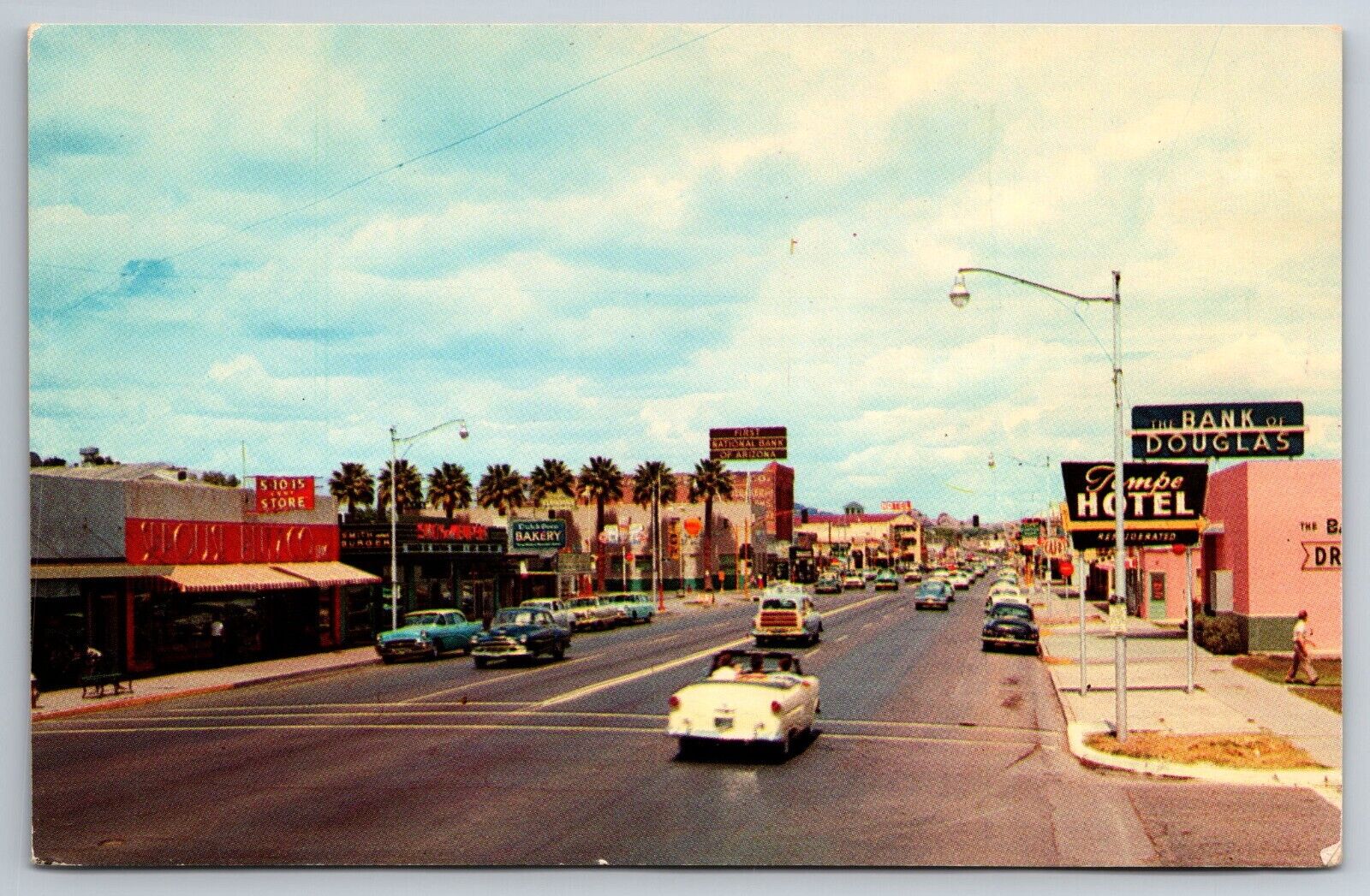Vintage Postcard AZ Tempe Street Scene 50s Convertable Shops Hotel Chrome ~13507