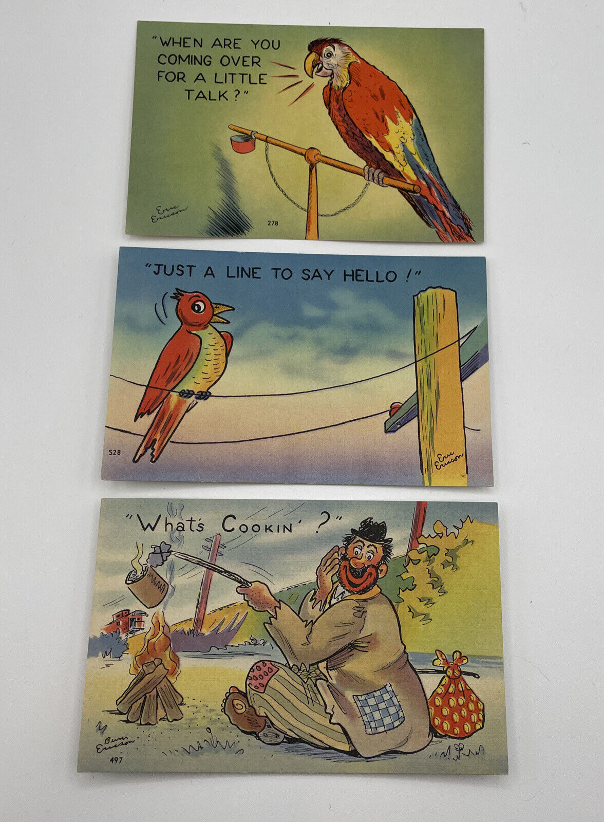 Vintage Postcards Eric Ericson Humorous Bird/Hobo Set of 3 Paper Ephemera
