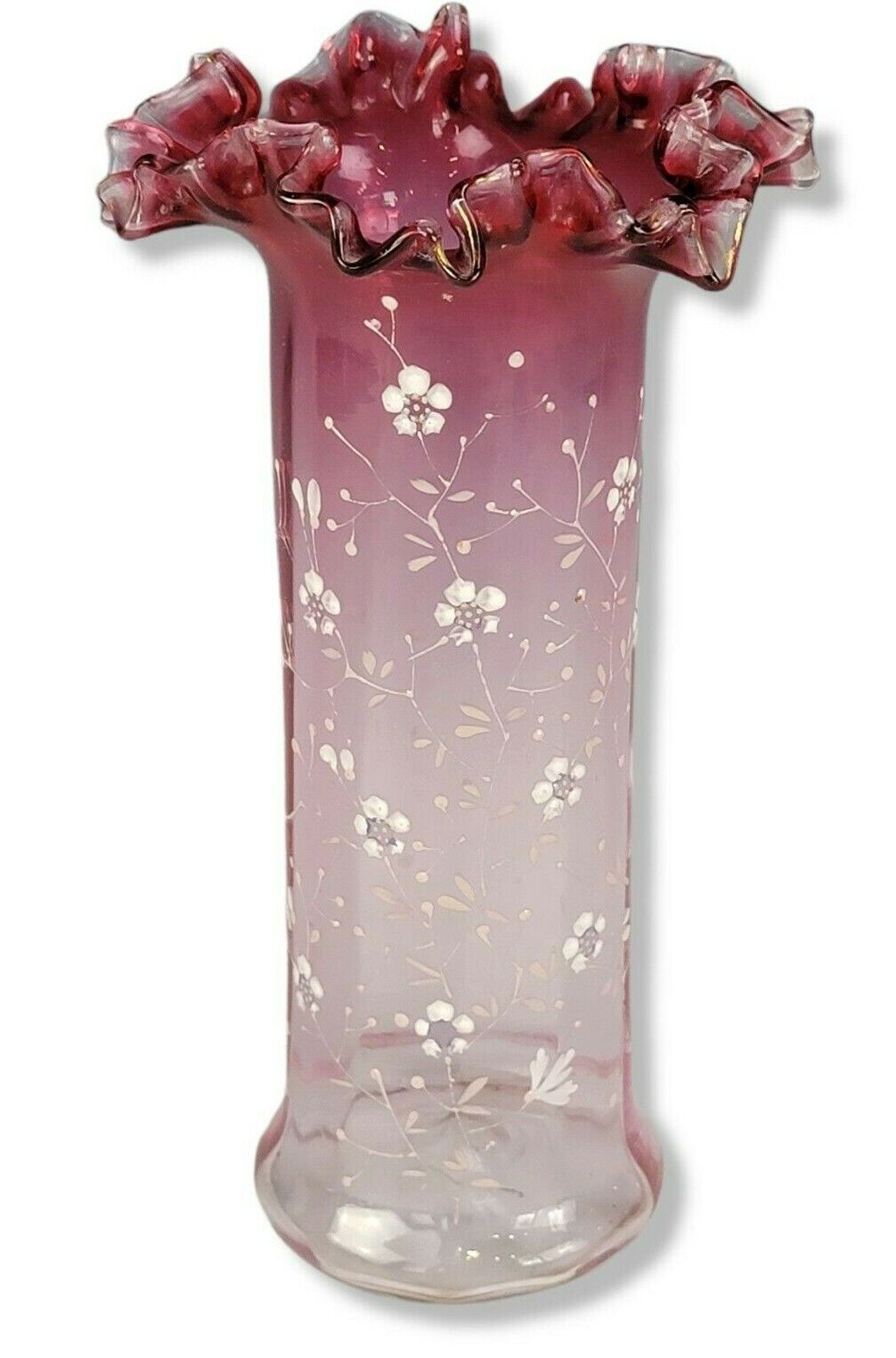 Antique French Legras Vase Rubina Cranberry Glass Hand Painted Enamel Dogwood