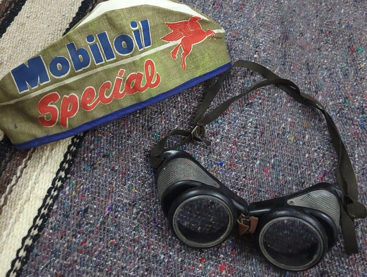 Vintage Antique 50s Mobil Oil Special Service Hat & Goggles Rare 1950s USA Gas