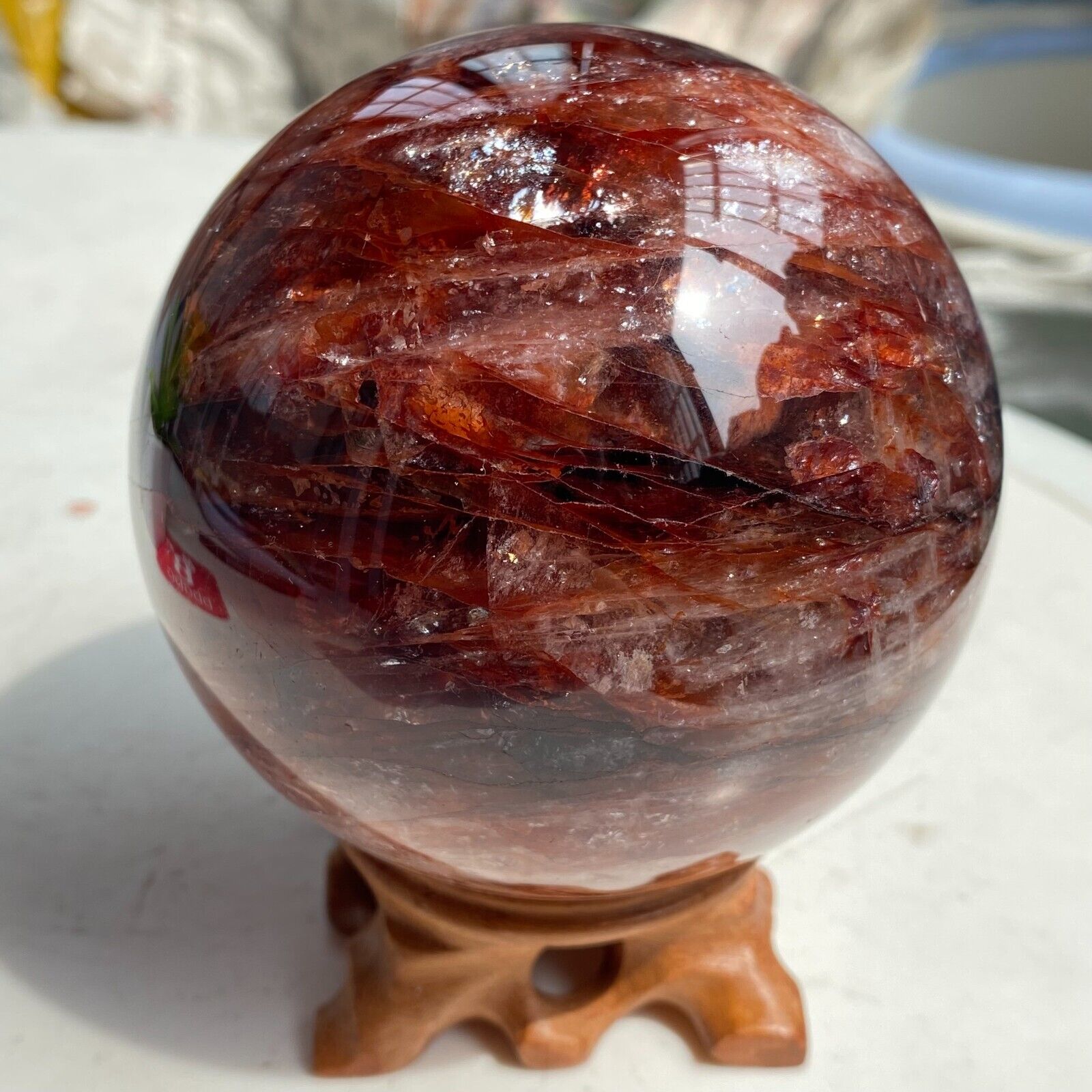2.16LB Top Natural Red Glue Flower Quartz Crystal Ball Reiki Energy Healing R01