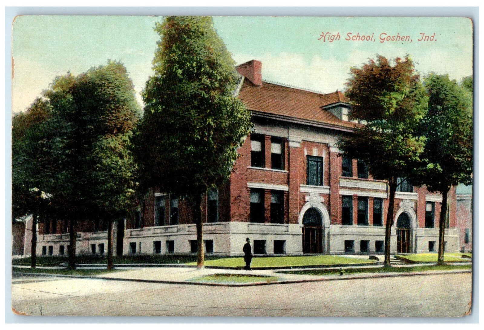 c1910 Entrance to High School Goshen Indiana IN Antique Unposted Postcard