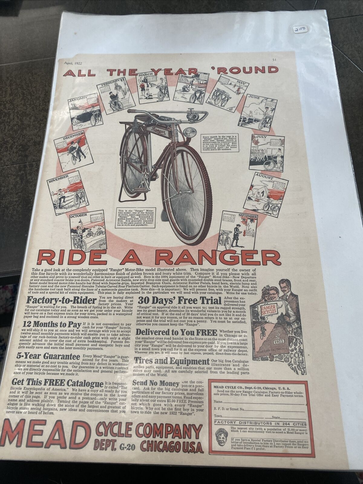 Ride a Mead Ranger Bicycle 30 Days Free Ad 1922