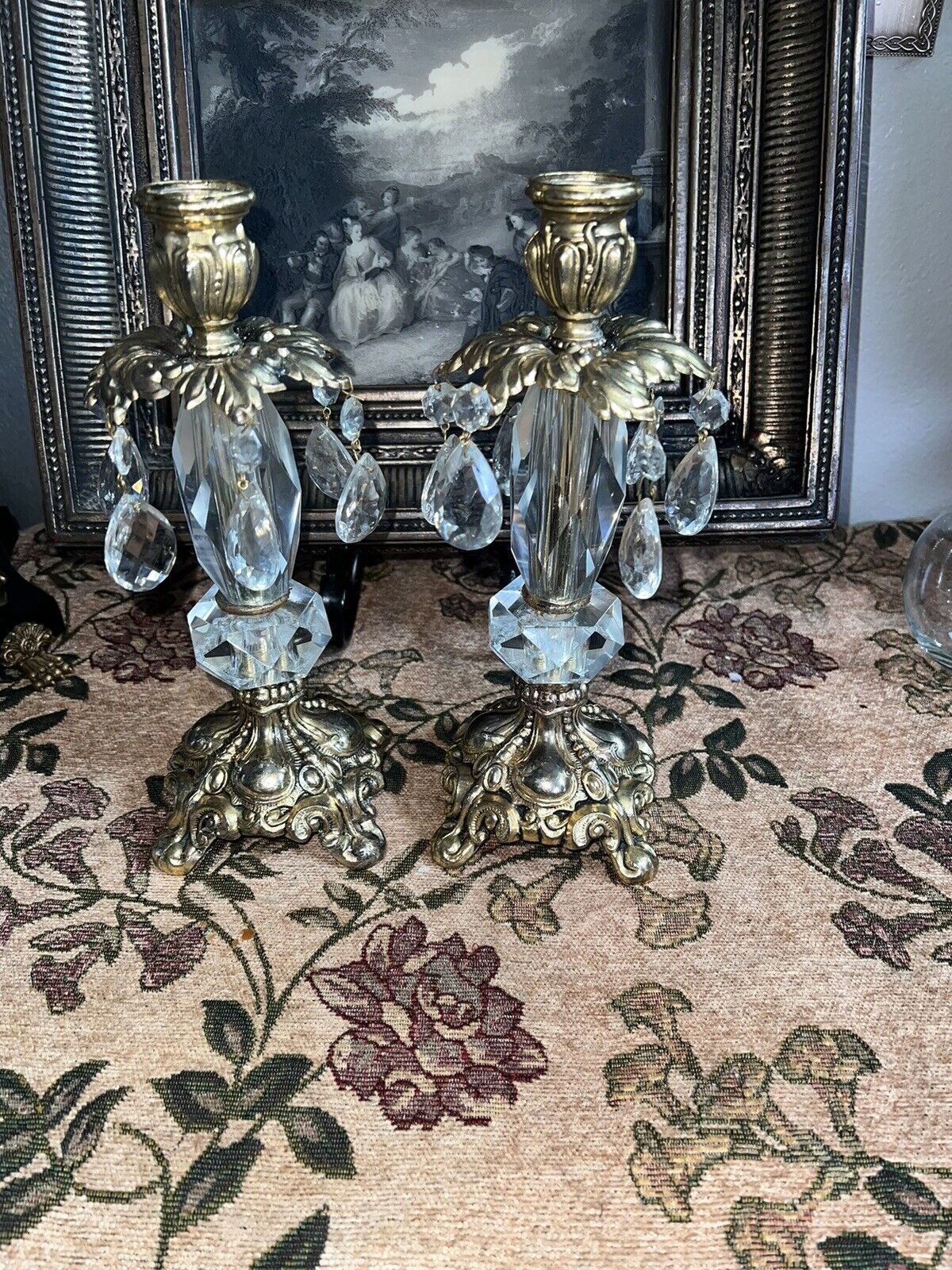 Pair Antique Hollywood Regency Style Ornate Gold cast Brass Candlestick Holders