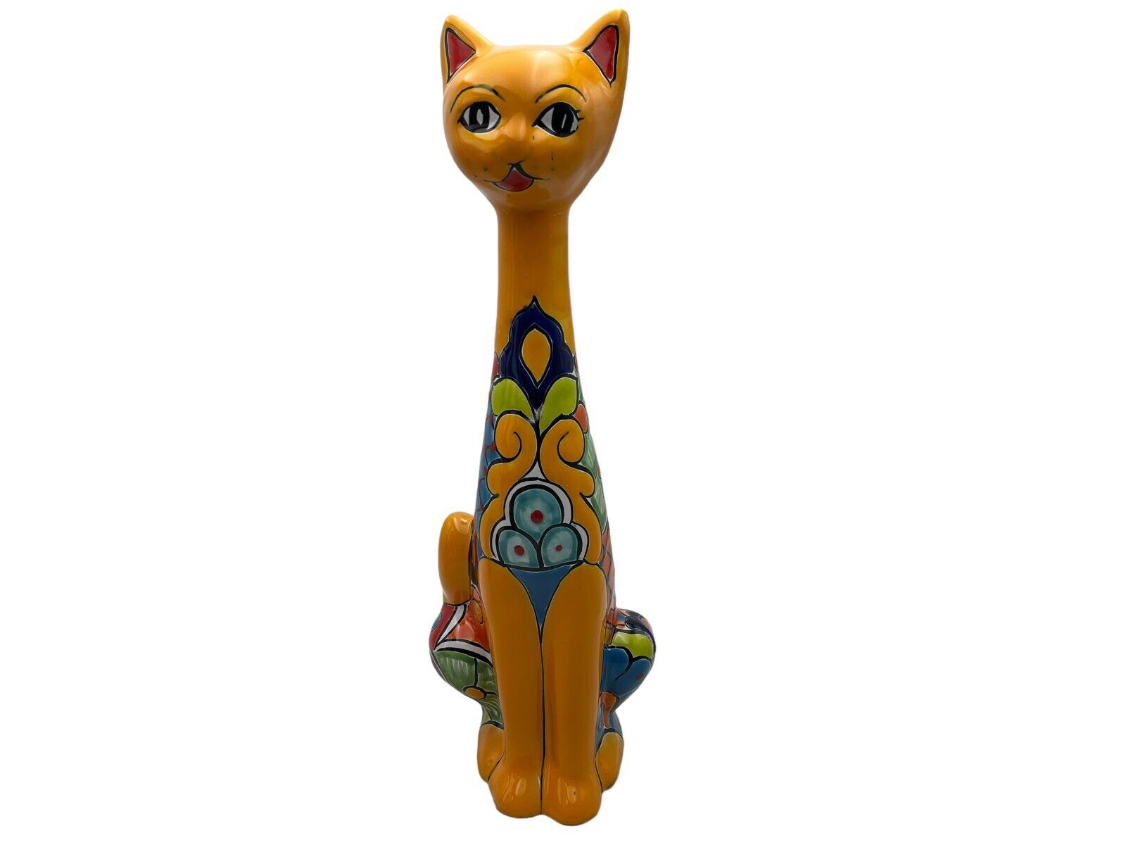 Tall Cat Long Neck Cute Folk Art Mexican Pottery Multicolor Home Decor 19.5\