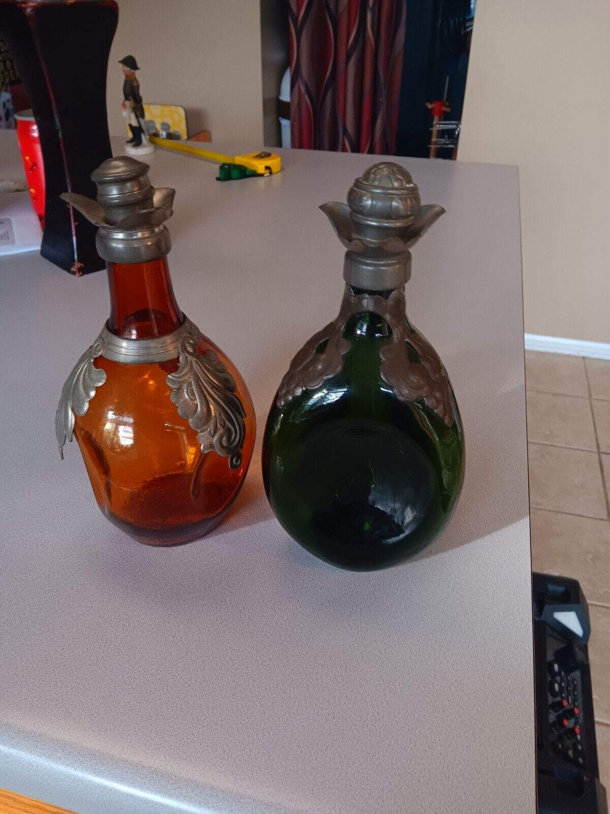 Antique Danish Art Nouveau Decanters in Green and Orange Glass Pewter,