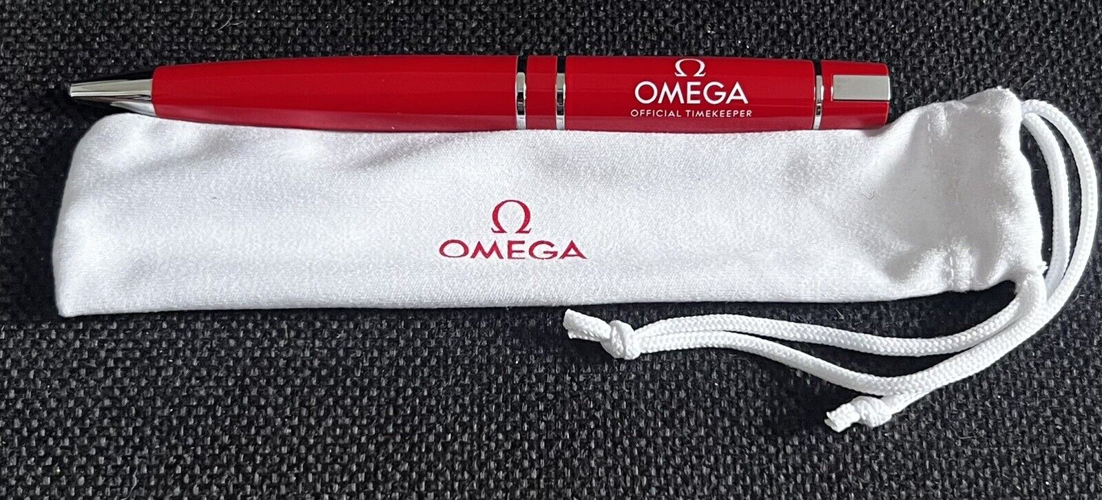 Authentic OMEGA Olympic Novelty Red/Silver Twisted Ballpoint Pen w/ Cloth - RARE