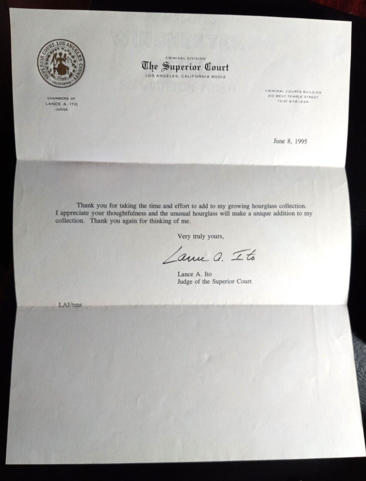OJ Simpson Judge Lance Ito Signed Letter LA County Superior Court Letterhead \'95