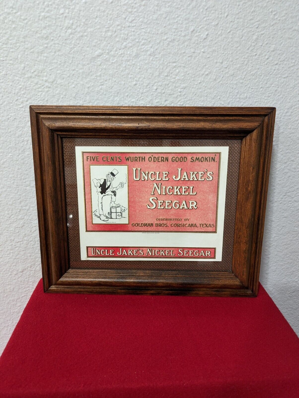 VINTAGE Original 1925 CIGAR BOX LABEL UNCLE JAKE\'S NICKEL SEEGAR #810 Framed