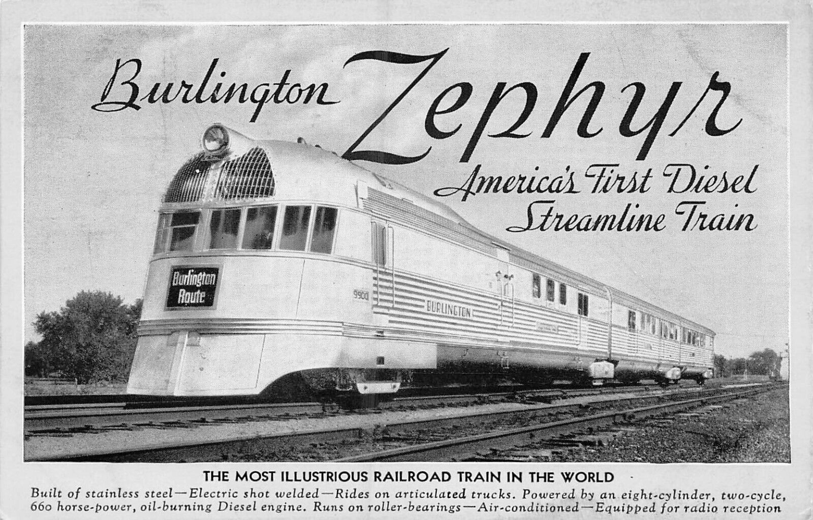 RARE 1934 CB &KC BURLINGTON ZEPHYR TRAIN RPO POSTCARD