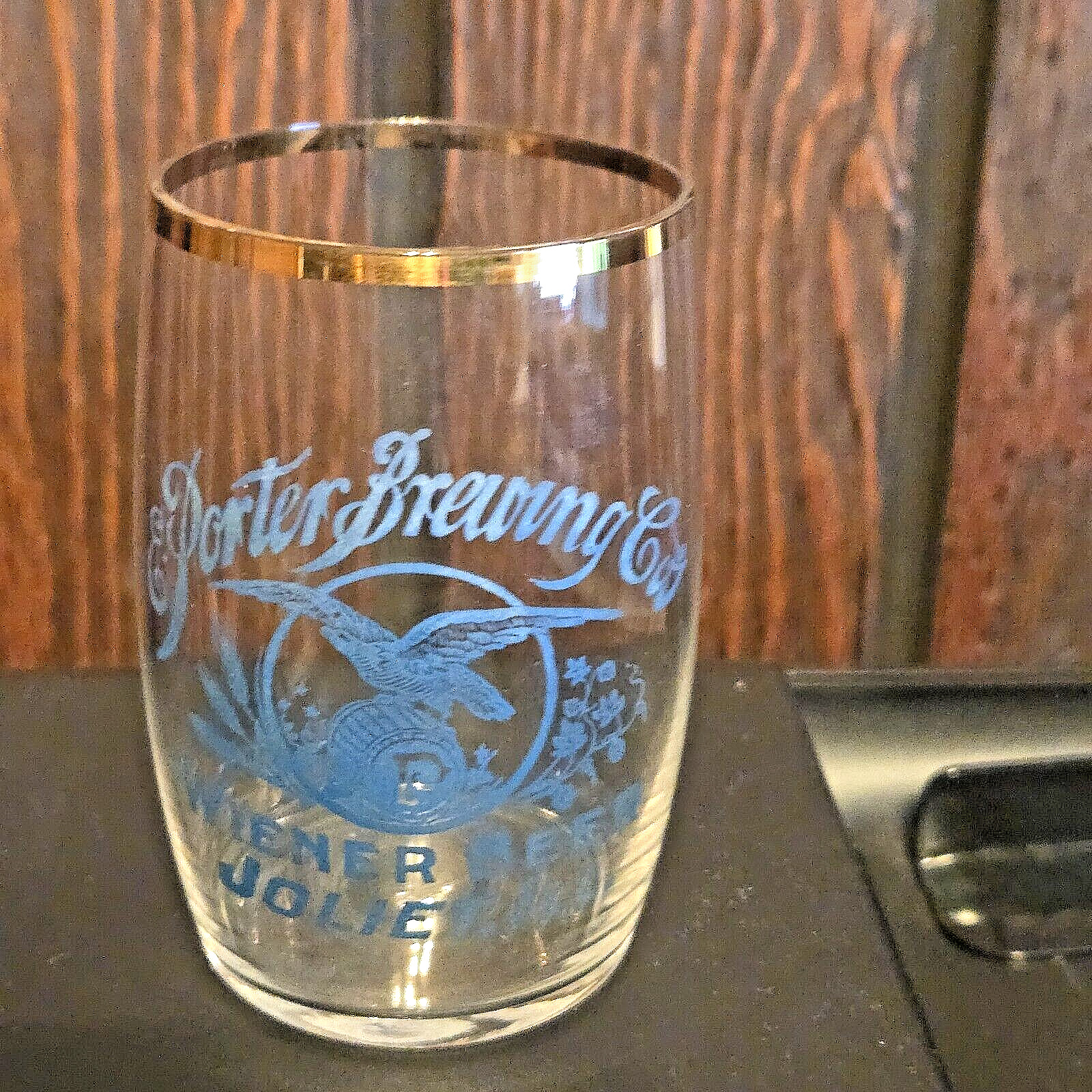 E. Porter Brewing Co. Joliet, Il Hand Blown Blue Etched Weiner Beer Glass