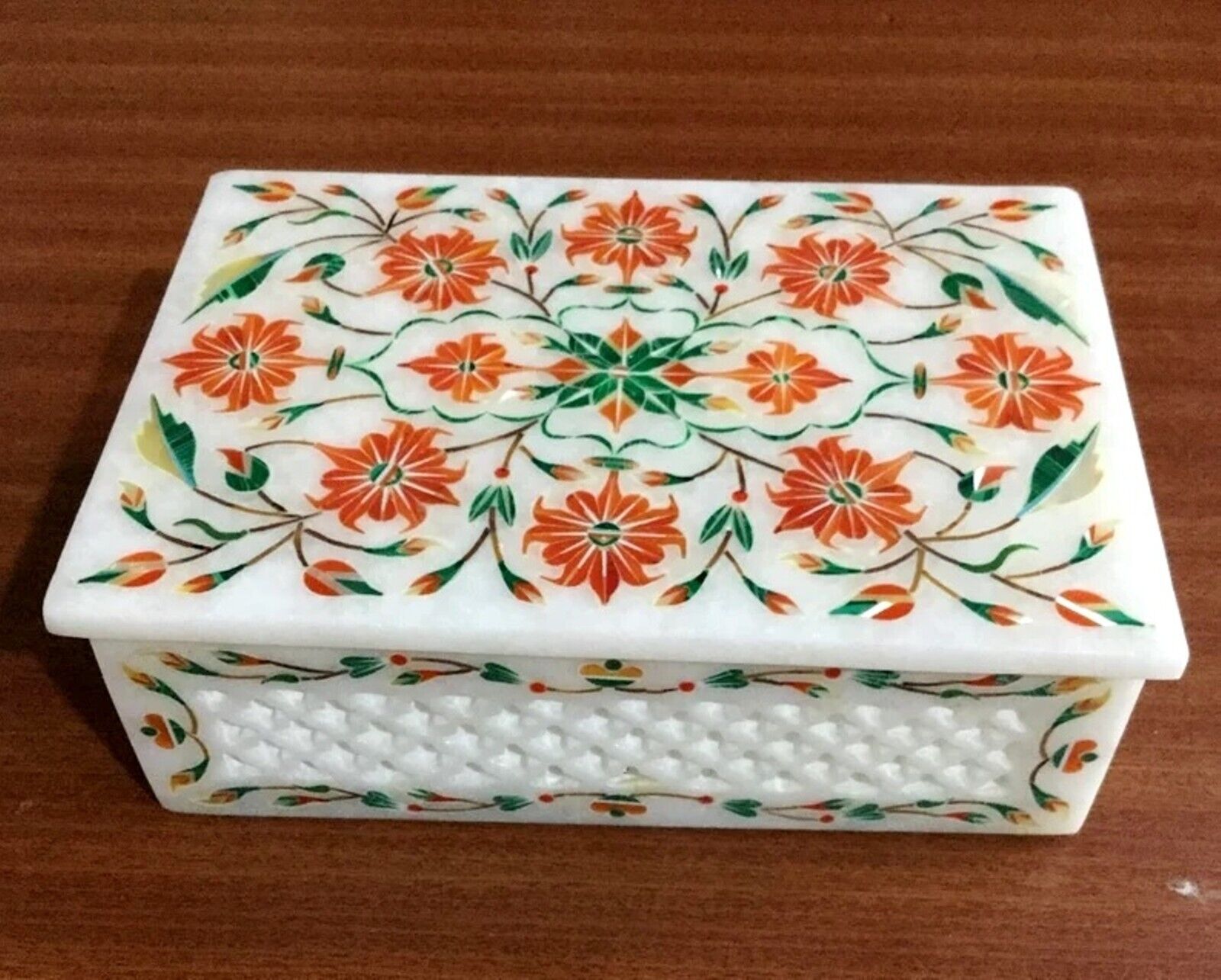 Pietra Dura Art Jewelry Box for Dressing Table Decor White Marble Trinket Box