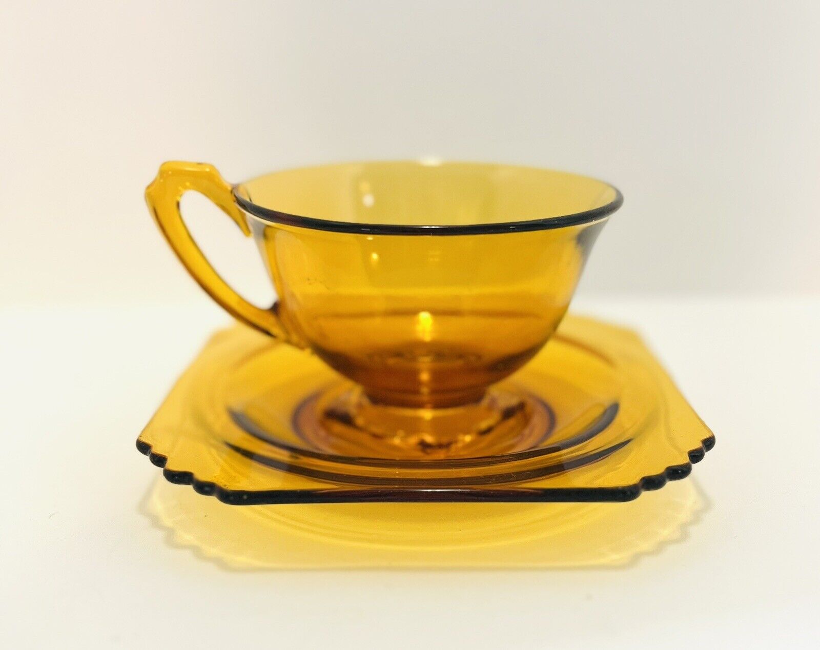 Vintage Diamond Glass Amber Cup & Saucer Set 1930 Elegant Depression