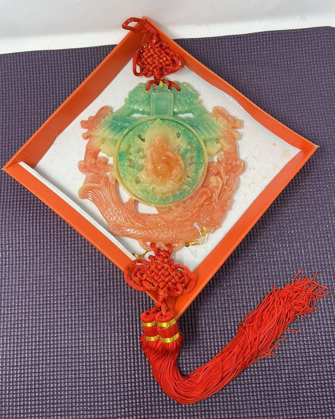 Vintage Chinese Lucky Red Knot Jade Resin Buddha Dragons Wall Hanging W/ Tassels