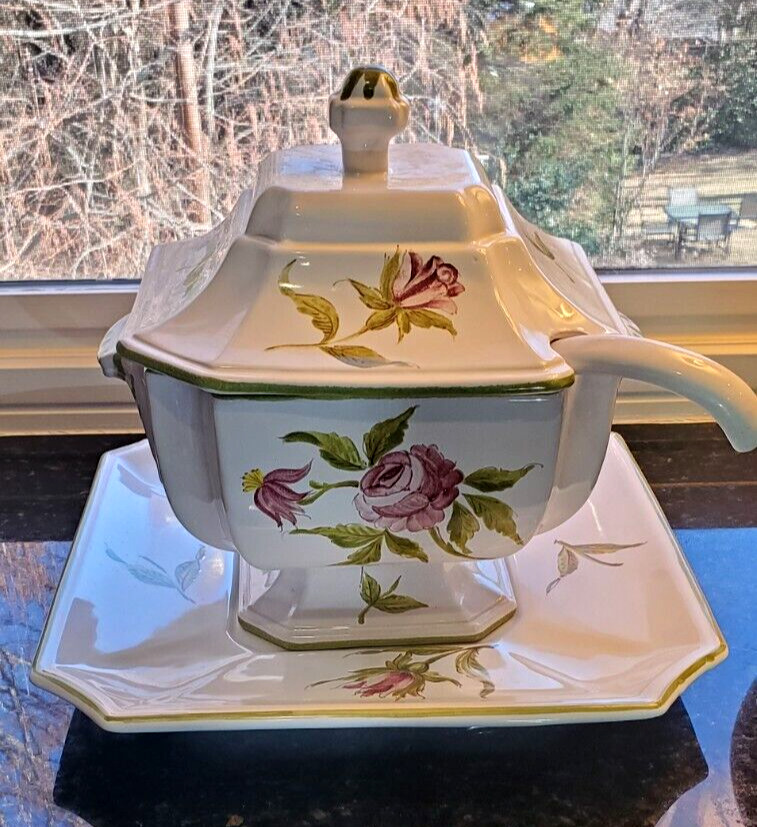 Italian Faience Soup Tureen w Underplate  WH Plummer NY Hand Painted Roses 