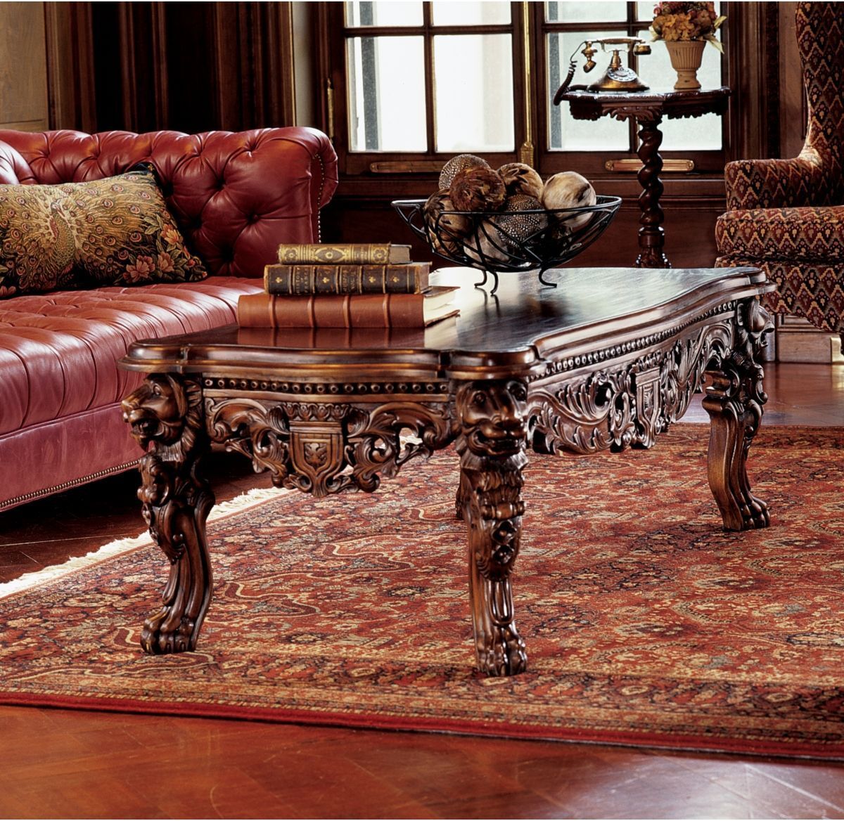 Majestic Lions Head Paws Hand Carved Solid Mahogany Antique Replica Coffee Table