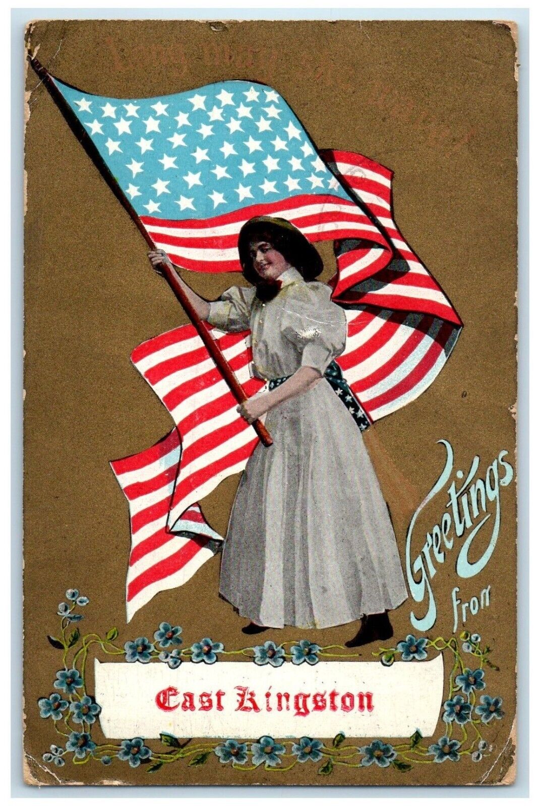 1910 Greetings From Woman Holding US Flag East Kingston Vintage Antique Postcard