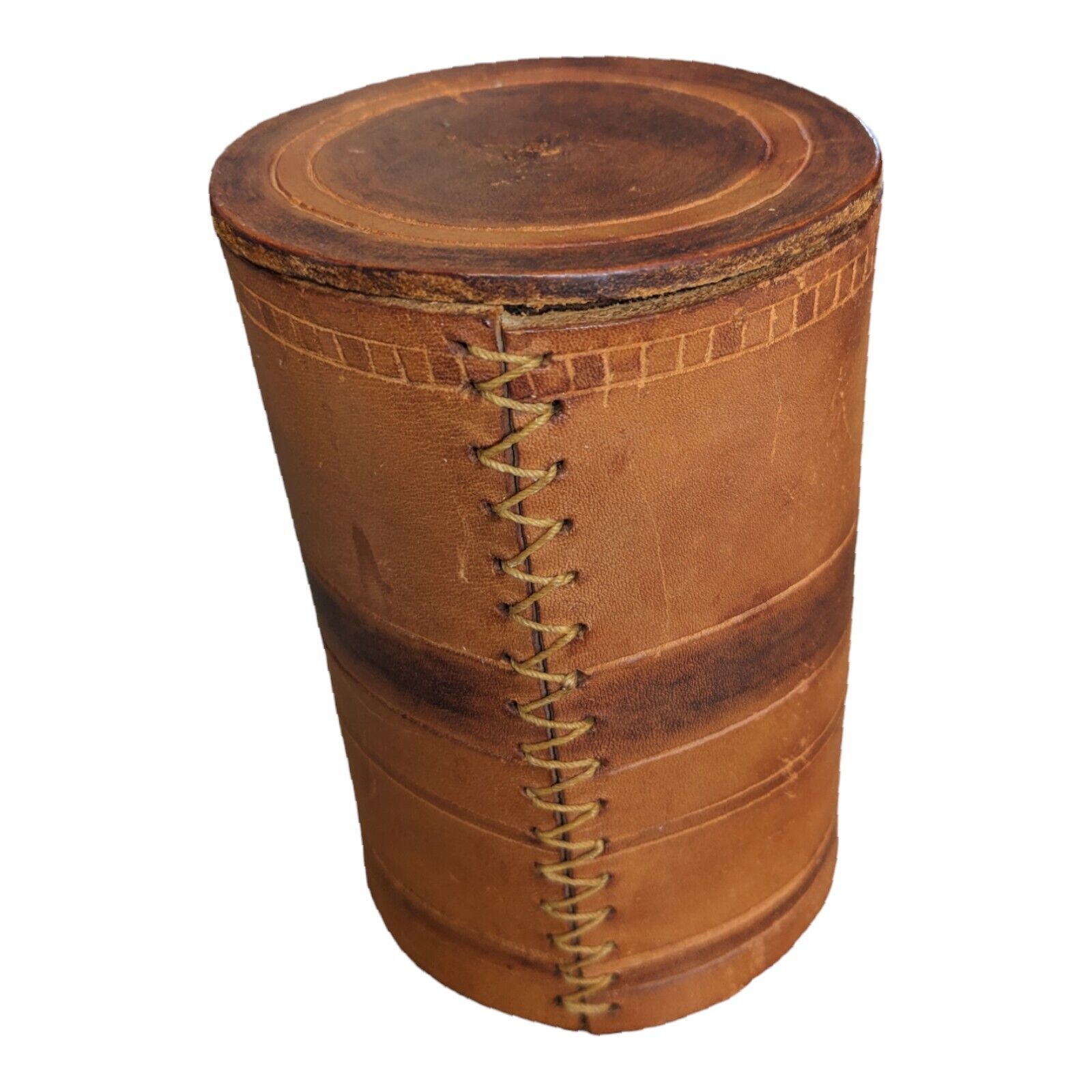 Estate Find Vintage Hand Stitched Leather Cylinder With Lid Storage Box Western 