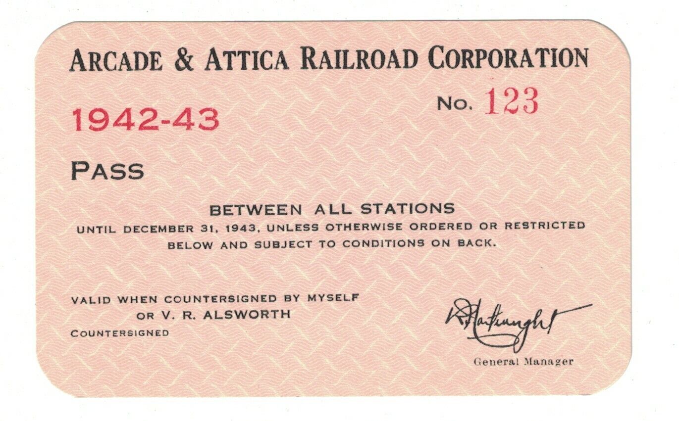 Arcade & Attica Railroad Pass 1942-1943 Unused