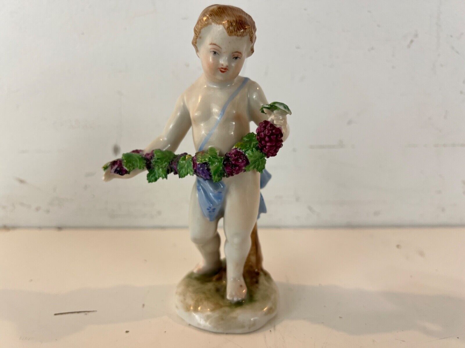 Vintage Carl Thieme Dresden Porcelain Little Boy Holding Grapes Figurine