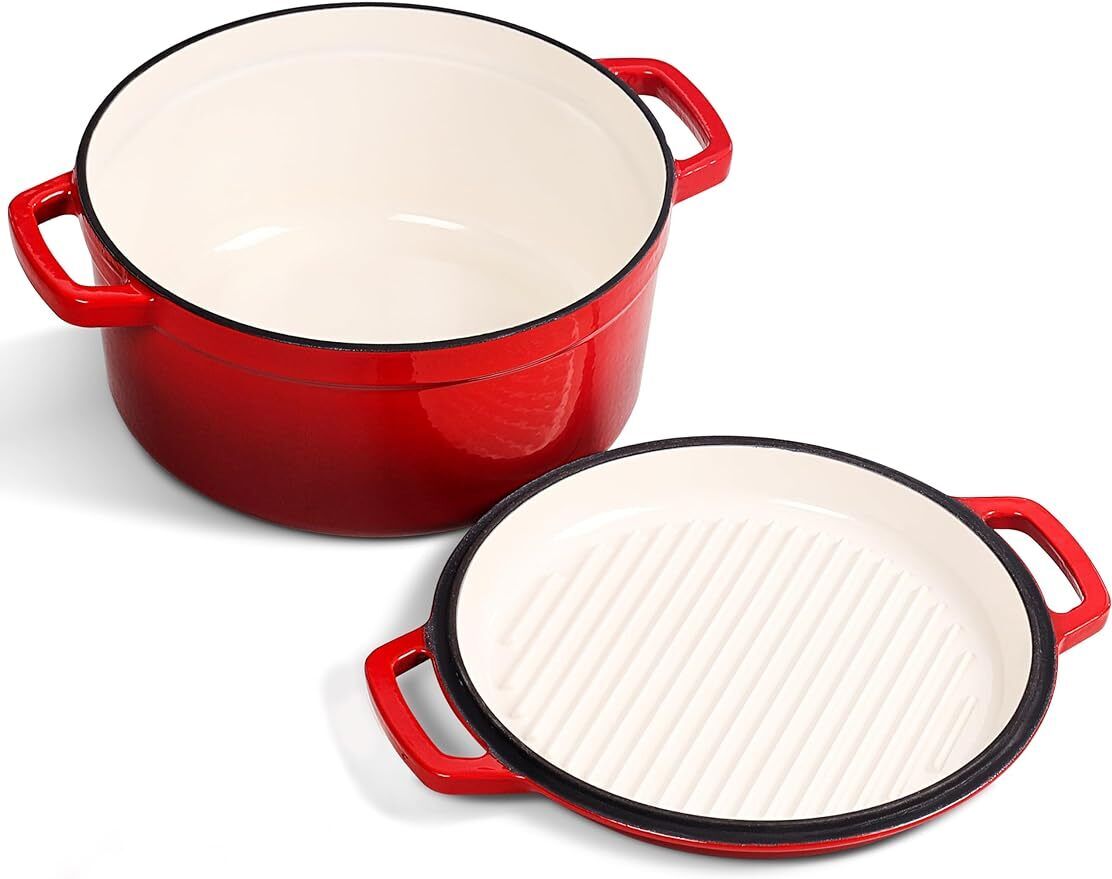 2 in 1 Enameled Cast Iron Dutch Oven, 5.5QT Enamel Dutch Oven with Skillet Lid