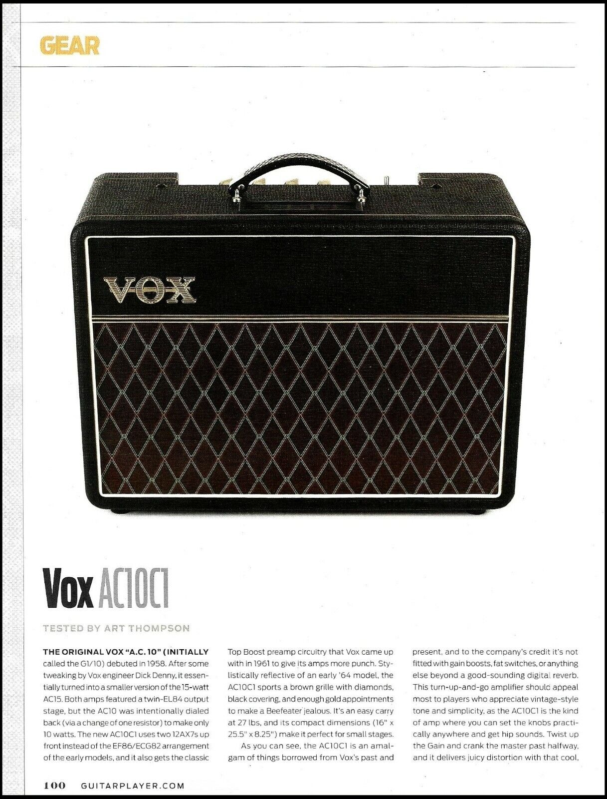 Vox AC10C1 guitar amp 2-page review article with specs 2016 print