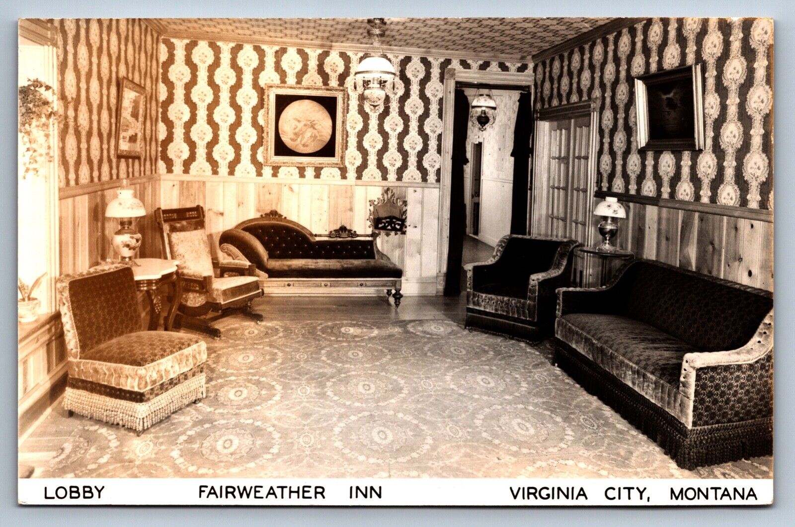 RPPC Postcard Virginia City Montana Lobby Fairweather Inn Parlor c1950s Unposted