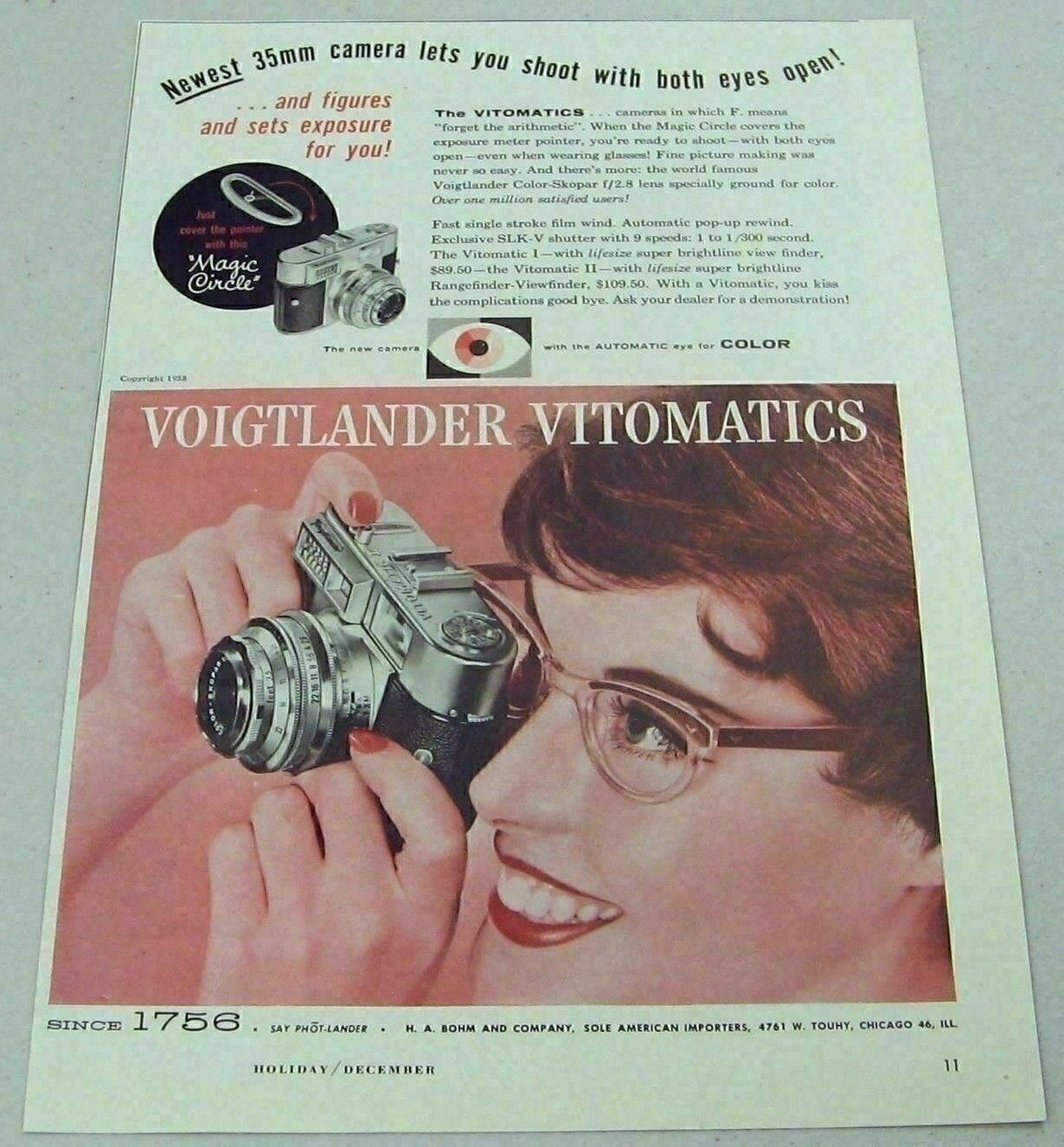 1959 Print Ad Voightlander Vitomatic 35 MM Cameras Shoot with Both Eyes Open
