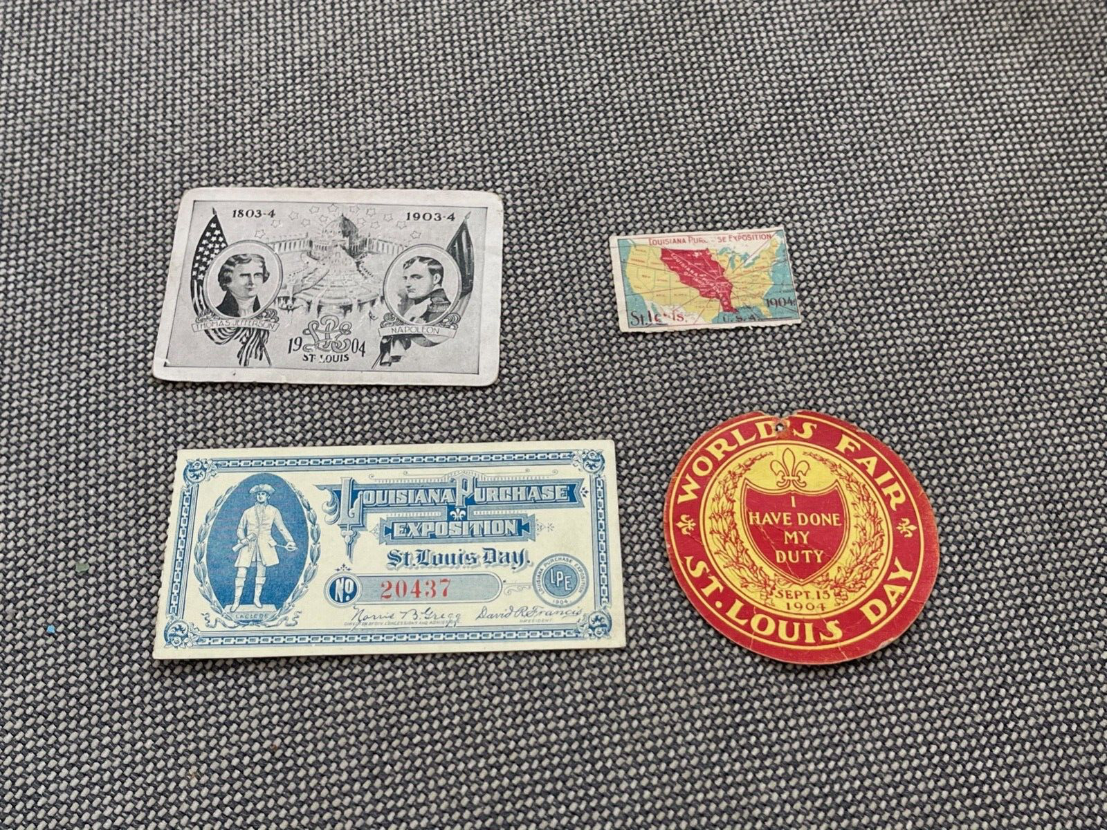 Antique 1904 St. Louis World\'s Fair Lot 4 Pieces Ephemera Ticket Tag Card Stamp